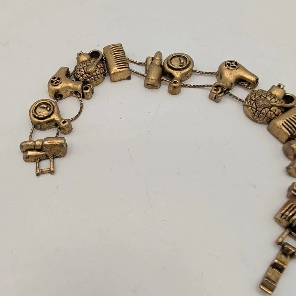 Vintage Gold Tone Hairdresser Salon Stylist Charm Bracelet Comb Mirror Dryer‎